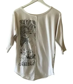 Free People White ¾ Long Sleeves Deer Graphic Bohemian Soft Cotton SZ SP # 1767 thumbnail 1