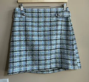 LOFT Tweed Plaid A-Line Mini Skirt 6 Blue Women Crest Button Metallic thumbnail 1