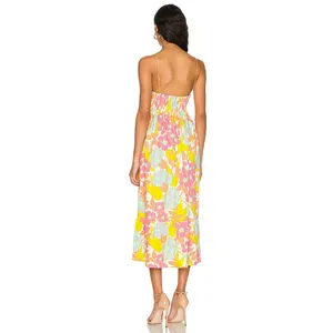 S/W/F En-Flowered Midi Dress Medium Pink‎ Floral Retro Mod Boho Sundress Cotton thumbnail 3