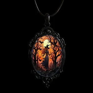 Retro Style Bat Witch Pendant Cameo Black Pendant Necklace Gothic Glass Pendant thumbnail 8
