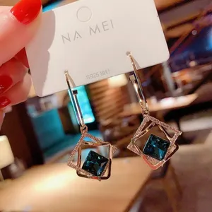 Blue Crystal Square Dangle Drop Earrings for Women Gold thumbnail 3