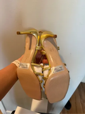 SCHUTZ Octavia Mid Calf Leather Metallic Gold Multi-Strap Slingback Heels 8 thumbnail 5