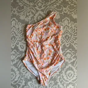 Kona Sol One Piece Swimsuit Floral Pink Orange Lightly Padded Ruched Size L thumbnail 2