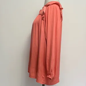LOFT Outlet Blouse Size M Coral Ruffle Shoulder Long Sleeve Pleated Top Preppy thumbnail 3