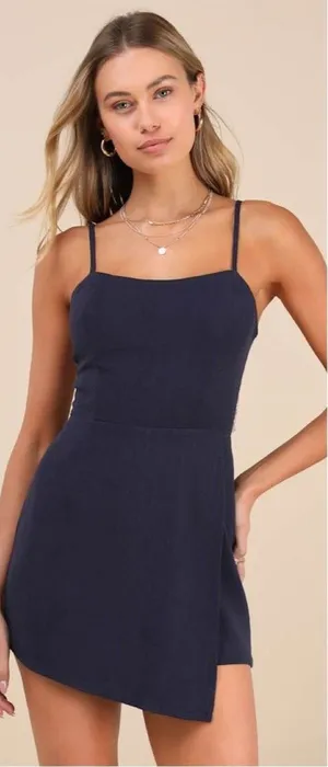 Lulus Significant Sweetie Navy Blue Tie-Back Skort Romper Size Large Linen Beach thumbnail 1