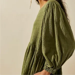Free People Beach Green Get Obsessed Babydoll Mini Dress Long Balloon Sleeve‎ XS thumbnail 3