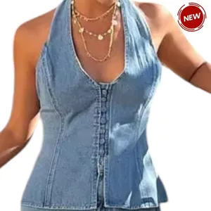 Shein Dazy Women Blue Denim Halter Top Button Front Backless Vest Size L | 0351 thumbnail 1
