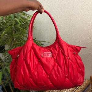 Kate Spade Coney Island Red Quilted Tufted Puffer Argyle Nylon Shoulder Hand Bag Purse Large Tote Zipper Closure thumbnail 1