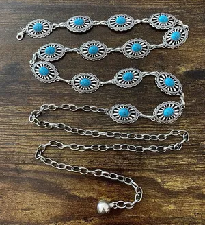 Silver Turquoise Sunburst Concho Chain Belt, Fits 25-44 Inches, X7GA1352 thumbnail 1