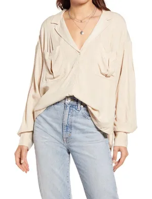 Free People Lightweight Pullover Button Up Neutral Beige Size Small thumbnail 1