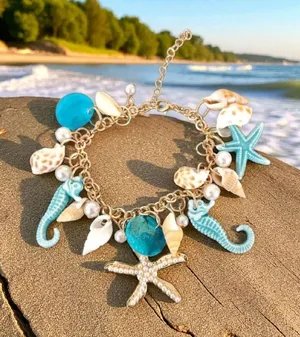 Ocean-Themed Charm Bracelet‎ with Blue and Gold Color Accents thumbnail 1