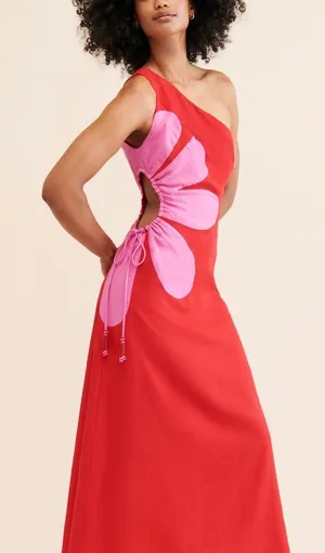 Anthropologie Farm Rio Cutout Flower Dress Linen Blend One Shoulder Medium thumbnail 1