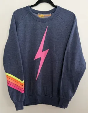 Aviator Nation Lightning Bolt Neon Chevron 5 Stripe Crew Sweatshirt Size Medium‎ thumbnail 1