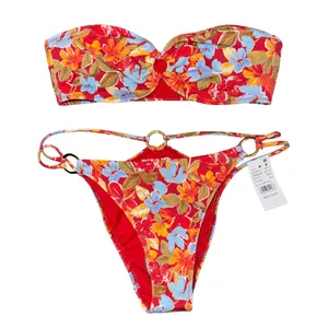 Pacsun Red Floral Addison Ring Bikini Matching Swimsuit Set Bandeau Resort S/M thumbnail 3