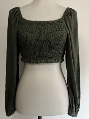 Crescent Medium Olive Smocked Linen Blend Crop Top Peasant Cottagecore Bohemian thumbnail 2