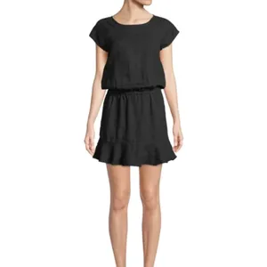 Joie Quora Black Linen Blouson Mini Dress‎ Womens Medium Cap Sleeve Ruffle Hem thumbnail 2