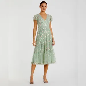 Mac Duggal Green Multicolor Embroidered V Neck Cap Sleeve Midi Dress 35104 thumbnail 3