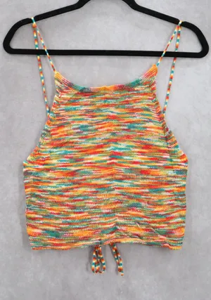 Orange Knit Multicolor Open Back Crop Tie Boho Stretch Y2K‎ VTG Top M Medium thumbnail 1