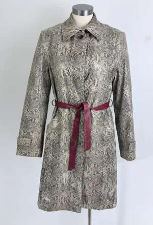 Gallery Trench Coat Gray Faux Snakeskin Print Button Front Burgundy Belted M thumbnail 1