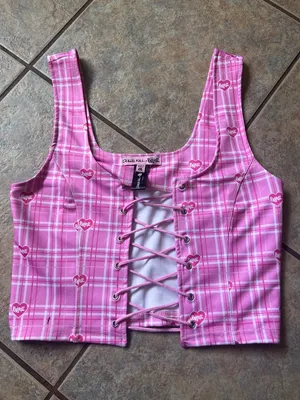 Dolls Kill Pink Plaid Lace-Up Crop Top with Bratz Heart Print thumbnail 7