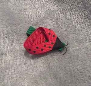 Handmade Ladybug Hair Clip - Red & Green ribbon thumbnail 1