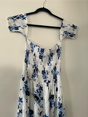 Altar'd State Blue White Floral Smocked Maxi Dress Medium Coastal Euro Summer thumbnail 2