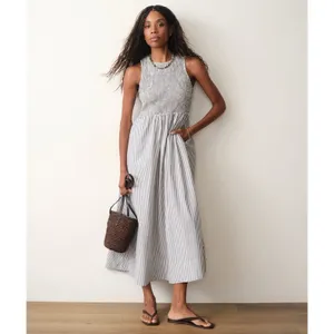 Marine Layer Darcy Smocked Poplin Dress M Pima Cotton NWT Navy Stripe thumbnail 3