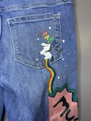 Gap Jeans Hand Painted Women 2 Medium Wash Blue Mid Rise Flare Unicorn Art thumbnail 12