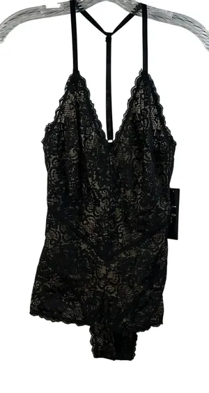 Lulus Black Lace Teddy Bodysuit Sheer V Neck Halter‎ Strap Lingerie Size S thumbnail 1