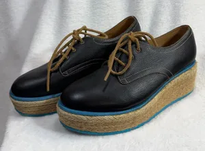 John Fluevog 4 Black Leather Platform‎ Espadrille Oxford Shoes Blue Sole Boho thumbnail 1