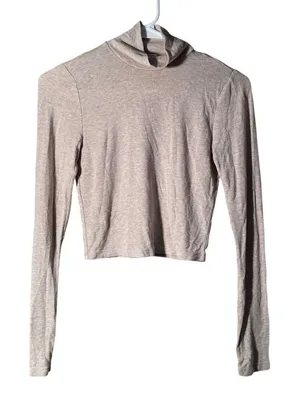 Wilfred Aritzia Women's Size Small Mock Neck‎ Crop Top Beige Ribbed Long Sleeve thumbnail 1