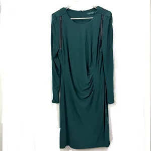 Ralph Lauren Dark‎ Green Jonni Faux Leather Trim Ruched Sheath Dress Size 16 thumbnail 2