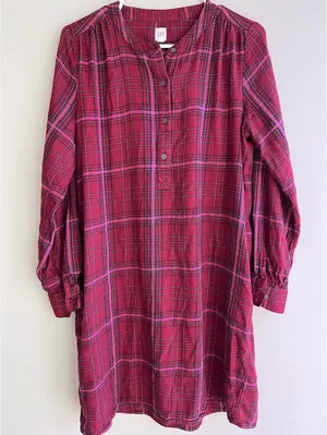 GAP Burgundy Plaid Flannel Long-Sleeve Shirt Dress Size M Fall thumbnail 2