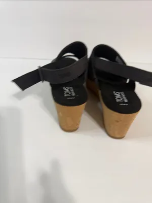 Toms Black Fabric Cork Wedge Sandals with Slingback thumbnail 4
