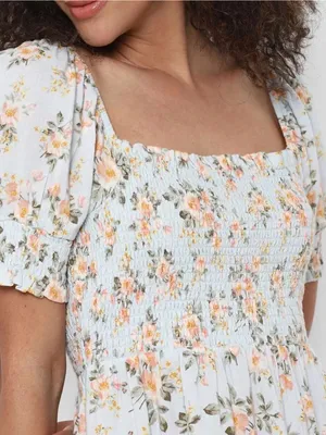 American Eagle Floral Smocked Mini Dress Blue Linen Blend Boho Cottagecore M thumbnail 4