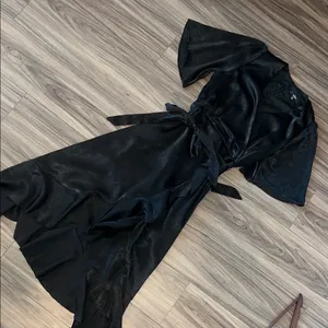 Lulus Wrapped Up In Love Black Satin Faux-Wrap Midi Dress thumbnail 5
