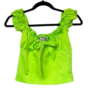 I.AM.GIA Naomi Ruched Milkmaid Neon Green Crop Top Shirt Blouse thumbnail 6