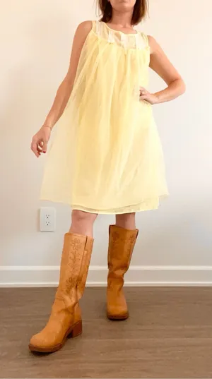 Vintage Sleeveless Yellow Chiffon Dress with Sheer Yoke thumbnail 1