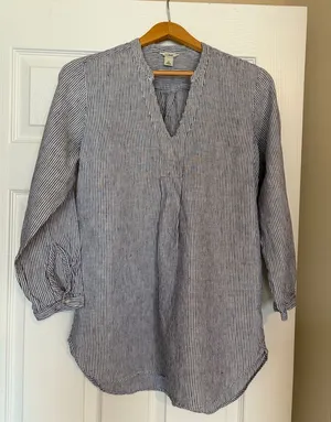 L.L.Bean Linen Pinstripe Pullover Shirt Sz Small Coastal Grandmother Breezy W3 thumbnail 1