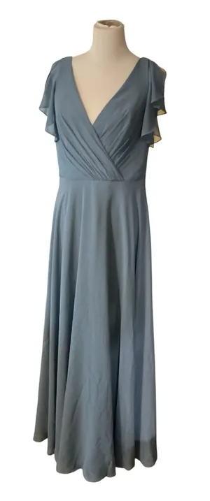 David's Bridal Dusty Blue Flutter Sleeve V-Neck Chiffon Maxi Formal Dress Size 12 thumbnail 1