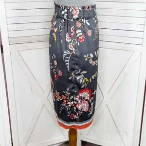 Loft Floral‎ Satin Faux Wrap Scarf Skirt Grey Coral Medium thumbnail 3