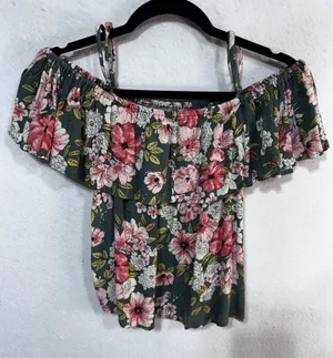 Billabong Green Floral Off-the-Shoulder Ruffle Top Small Boho Tropical Tourist thumbnail 1