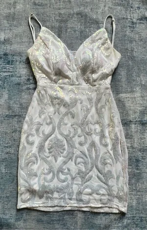 Lovely Day White Iridescent Sequin Corset Lace Up Back Bodycon Mini Dress Medium thumbnail 1
