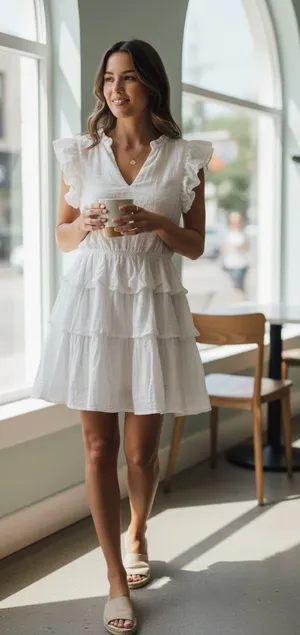 Fate White Cotton V-Neck Tiered Ruffle Mini Dress Size S thumbnail 1