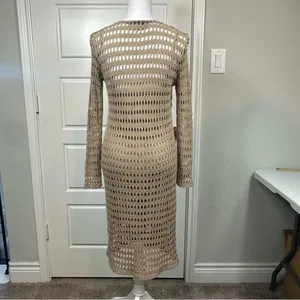 Zara Classic Open Knit Boho Crochet Lined Midi Length Dress in Tan Size Medium thumbnail 5