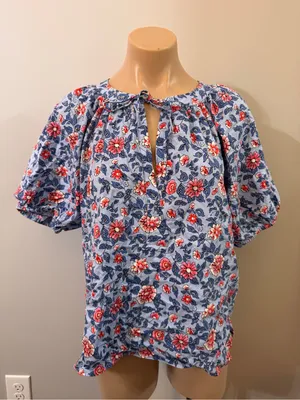 Loft Peasant Floral Top Tie Blouse Medium Blue Pink thumbnail 2