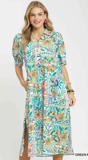 Umgee Folk Print Midi Dress with‎ Side Pockets - Small thumbnail 1