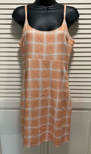 Forever 21‎ Peach/White Checkered Sleeveless Tank Sundress Lined Linen Size M thumbnail 1