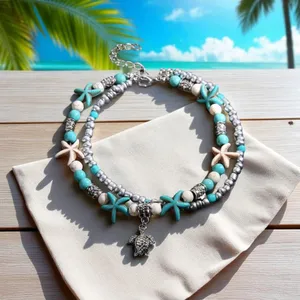 Beachy Starfish and‎ Turtle Charm Anklet Blue thumbnail 2