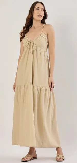 SIM & SAM Tan Linen Blend Tiered Maxi‎ Sundress Tie Front Spaghetti Straps Small thumbnail 1